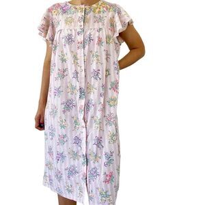 Vintage 70s 80s Smart Time Floral Housedress Pajama Pink White Snap Size Large